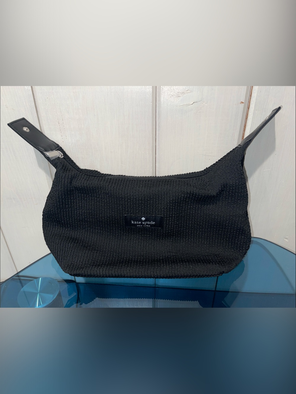 Kate Spade ♠️ Ribbed Cosmetic Bag Black Woven Mini Top-Handle Bag NWT - Picture 4 of 6